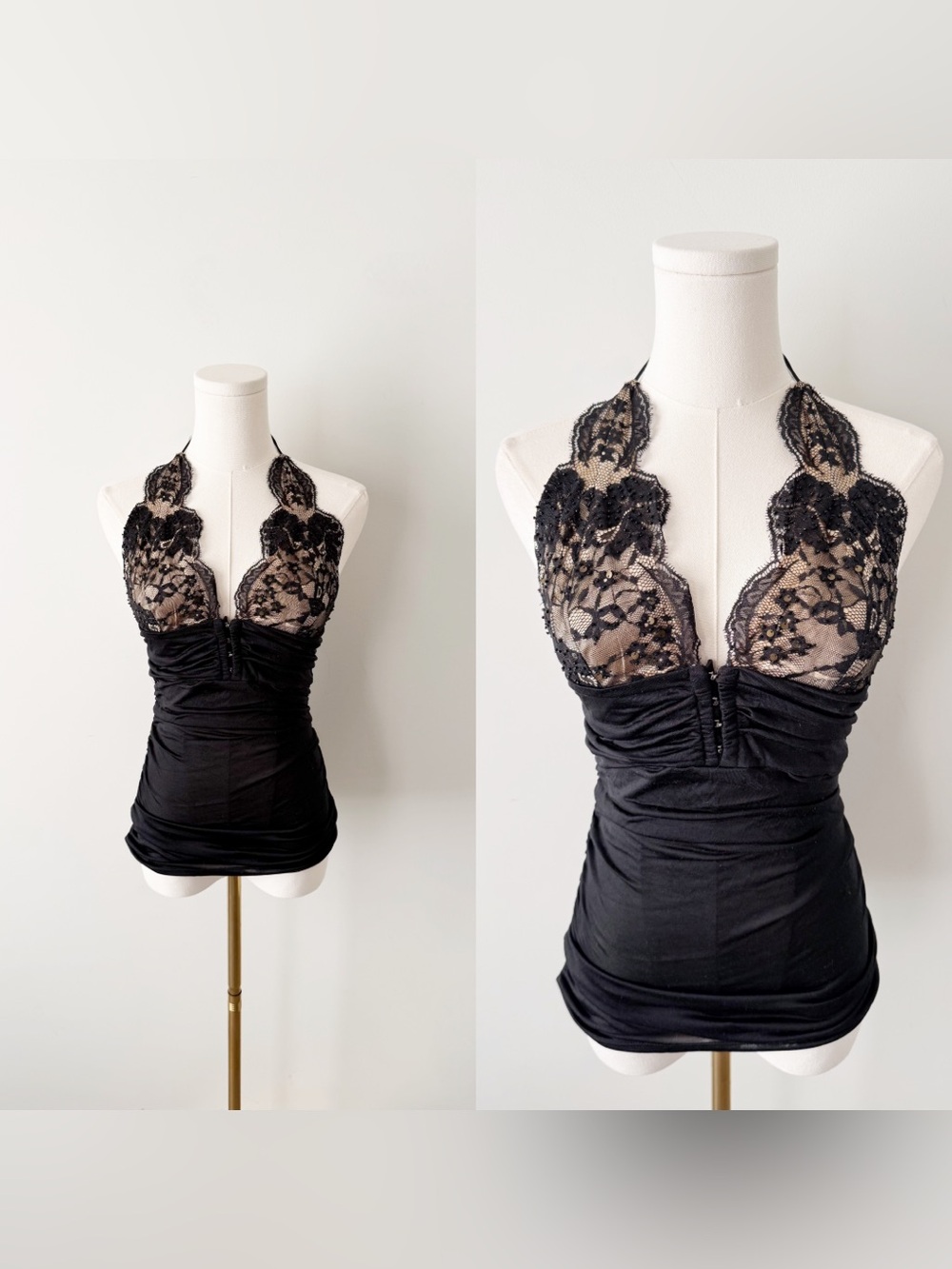 Marciano black 100% silk lace beaded halter top